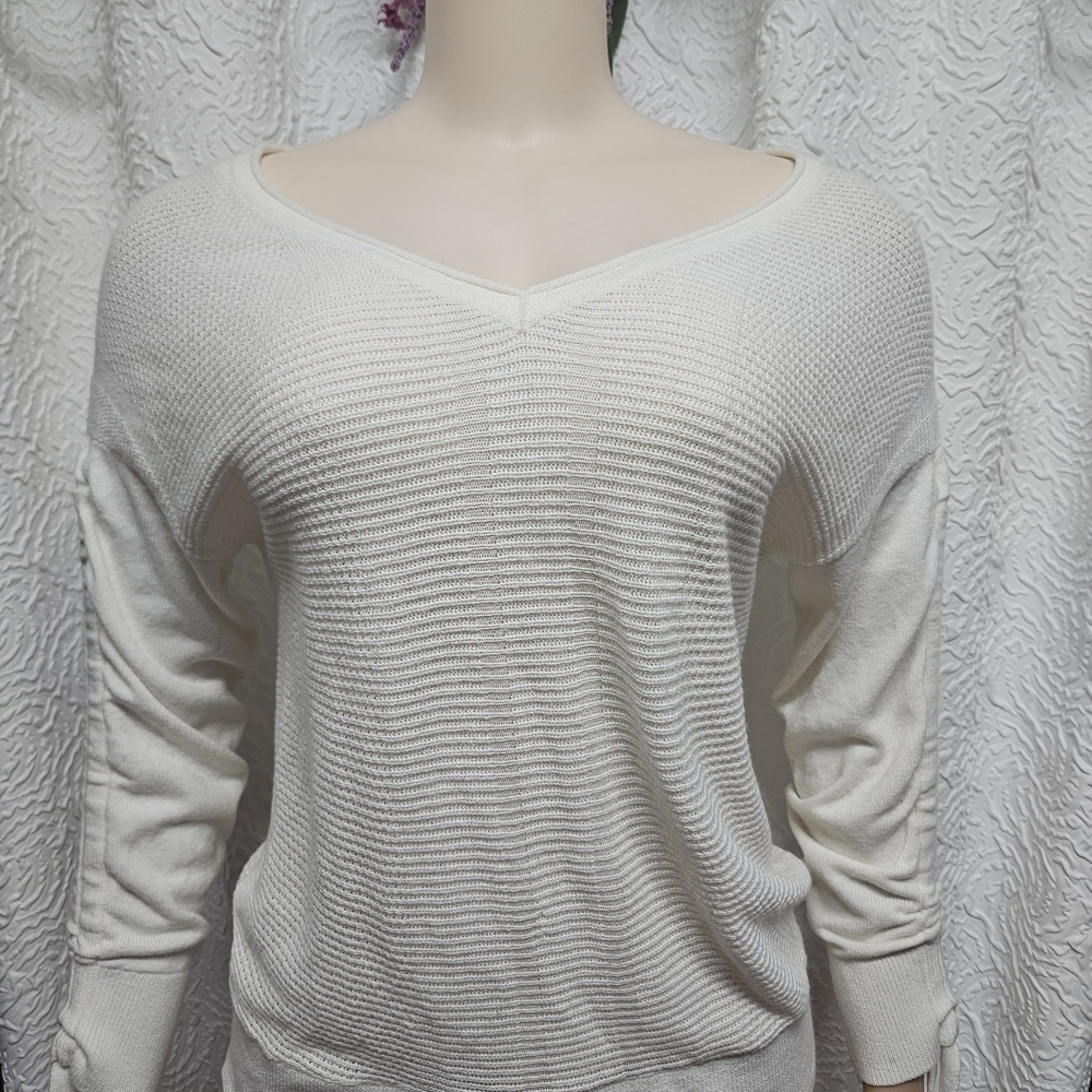 New York & Company White V-Neck Sweater